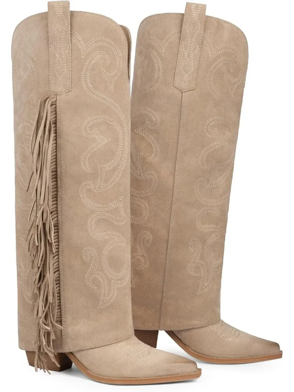 Women's Suede Nude Knee High Cowboy Boots Chunky Block High Heel Half Zipper